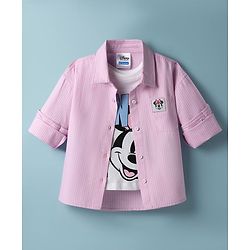 Pine Kids Disney Cotton Woven Full Sleeves Shirt & T-Shirt With Minnie Mouse Graphics - Multi Colour