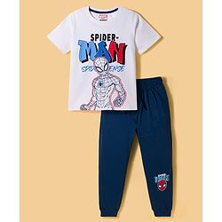 Pine Kids Marvel Single Jersey Knit Half Sleeves T-Shirt & Pyjama Night Suit With Spider Man Graphic - Navy Blue & White