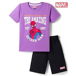 Pine Kids Marvel 100% Cotton Knit Half Sleeves T-Shirt & Shorts Night Suit With Spider Man Graphic - Multi Color