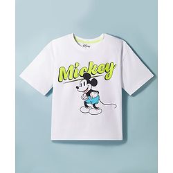 Pine Kids Disney Single Jersey Knit Half Sleeves T-Shirt With Front & Back Mickey Mouse Graphics - White