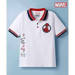 Pine Kids Marvel Single Jersey Knit Half Sleeves Polo T-Shirt with Spiderman Patch - White
