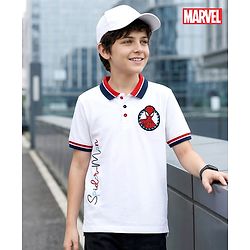 Pine Kids Marvel Single Jersey Knit Half Sleeves Polo T-Shirt with Spiderman Patch - White