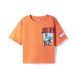 Pine Kids Marvel Single Jersey Knit Drop Shoulder Half Sleeves T-Shirt with Front & Back Avengers Print - Orange