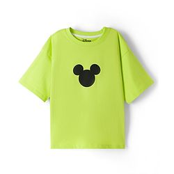 Pine Kids Disney Cotton Knit Drop Shoulder Half Sleeves T-Shirt with Front & Back Mickey Mouse Print - Green