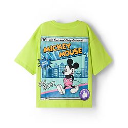 Pine Kids Disney Cotton Knit Drop Shoulder Half Sleeves T-Shirt with Front & Back Mickey Mouse Print - Green