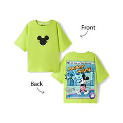 Pine Kids Disney Cotton Knit Drop Shoulder Half Sleeves T-Shirt with Front & Back Mickey Mouse Print - Green
