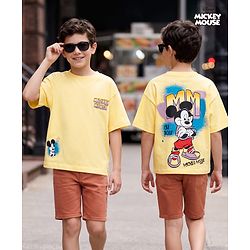 Pine Kids Disney Single Jersey Knit Drop Shoulder Half Sleeves T-Shirt with Mickey Mouse Front & Back Print - Yellow