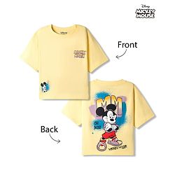 Pine Kids Disney Single Jersey Knit Drop Shoulder Half Sleeves T-Shirt with Mickey Mouse Front & Back Print - Yellow