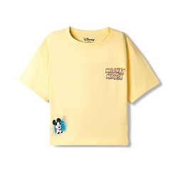 Pine Kids Disney Single Jersey Knit Drop Shoulder Half Sleeves T-Shirt with Mickey Mouse Front & Back Print - Yellow
