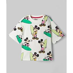 Pine Kids Disney Drop Shoulder Sleeves Co-Ord T-Shirt & Shorts Night Suit With Mickey Mouse Print - White