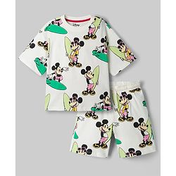 Pine Kids Disney Drop Shoulder Sleeves Co-Ord T-Shirt & Shorts Night Suit With Mickey Mouse Print - White
