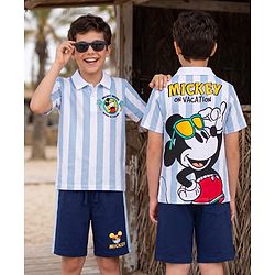Pine Kids Disney Single Jersey Knit Half Sleeves Polo T-Shirt & Shorts Set with Mickey Mouse Graphics - Multicolor
