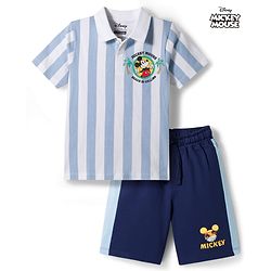 Pine Kids Disney Single Jersey Knit Half Sleeves Polo T-Shirt & Shorts Set with Mickey Mouse Graphics - Multicolor