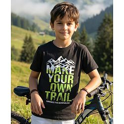 Pine Kids Cotton Knit Half Sleeves T-Shirt with Text Print - Black
