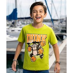 Pine Kids Cotton Knit Half Sleeves T-Shirt with Basketball Print - Limegreen