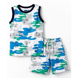 Pine Kids Cotton Knit Sleeveless T-Shirt & Shorts Co-ord Night Suit with Controller & Camouflage Print - White