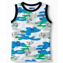 Pine Kids Cotton Knit Sleeveless T-Shirt & Shorts Co-ord Night Suit with Controller & Camouflage Print - White