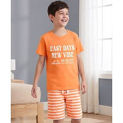 Pine Kids Cotton Knit Half Sleeves Text Printed T-Shirt & Striped Shorts Night Suit - Orange