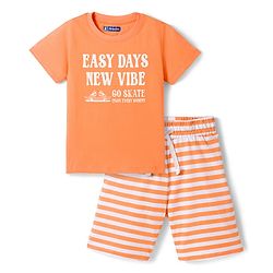 Pine Kids Cotton Knit Half Sleeves Text Printed T-Shirt & Striped Shorts Night Suit - Orange