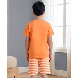 Pine Kids Cotton Knit Half Sleeves Text Printed T-Shirt & Striped Shorts Night Suit - Orange