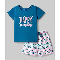Pine Kids Cotton Knit Half Sleeves T-Shirt & Shorts Printed Night-Suit - Blue