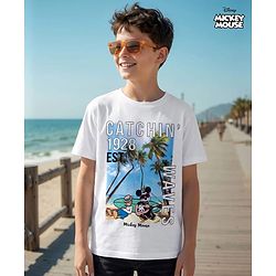 Pine Kids Disney Single Jersey Knit Half Sleeves T-Shirt With Mickey Mouse Graphics - White