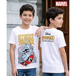 Pine Kids Disney Single Jersey Knit Half Sleeves T-Shirt With Front & Back Lilo & Stitch Print - White