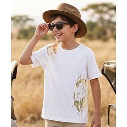 Pine Kids 100% Cotton Knit Half Sleeves Foil Printed T-Shirt - White