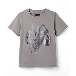 Pine Kids Cotton Knit Half Sleeves Tiger Foil Graphic T-Shirt -Grey