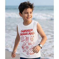 Pine Kids Cotton Knit Sleeveless Tank T-Shirt with Vacation Print - White