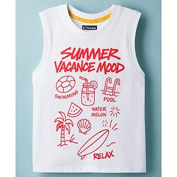Pine Kids Cotton Knit Sleeveless Tank T-Shirt with Vacation Print - White