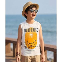 Pine Kids Cotton Knit Sleeveless Tank T-Shirt with Light House Print - White