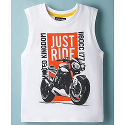 Pine Kids Cotton Knit Sleeveless Tank T-Shirt with Just Ride Print - White