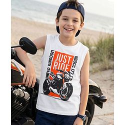Pine Kids Cotton Knit Sleeveless Tank T-Shirt with Just Ride Print - White