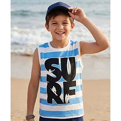 Pine Kids Cotton Knit Sleeveless Striped Tank T-Shirt with Surfing Print - White