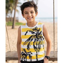 Pine Kids Cotton Knit Sleeveless Striped Tank T-Shirt with Coconut Tree Print - White