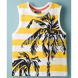 Pine Kids Cotton Knit Sleeveless Striped Tank T-Shirt with Coconut Tree Print - White