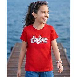 Pine Kids Cotton Knit Half Sleeves T-Shirt With Butterfly Print - Red