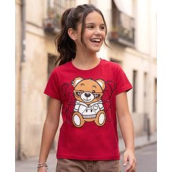Pine Kids Cotton Knit Half Sleeves T-Shirt With Teddy Bear Print - Red