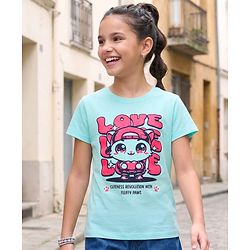 Pine Kids Cotton Knit Half Sleeves T-Shirt with Text Print - Aqua Blue