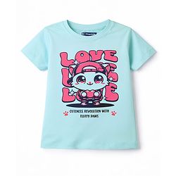 Pine Kids Cotton Knit Half Sleeves T-Shirt with Text Print - Aqua Blue