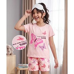 Pine Kids Cotton Knit Half Sleeves T-Shirt & Shorts Night-Suit With Butterfly Print - Pink