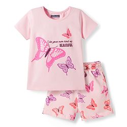 Pine Kids Cotton Knit Half Sleeves T-Shirt & Shorts Night-Suit With Butterfly Print - Pink