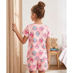Pine Kids Cotton Knit Half Sleeves Top & Shorts Co-ord Night Suit with Heart Print - Pink