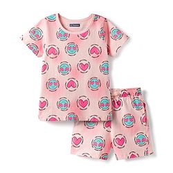 Pine Kids Cotton Knit Half Sleeves Top & Shorts Co-ord Night Suit with Heart Print - Pink