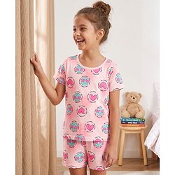 Pine Kids Cotton Knit Half Sleeves Top & Shorts Co-ord Night Suit with Heart Print - Pink
