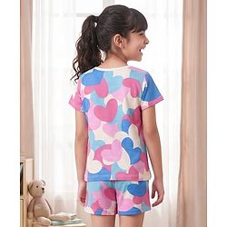 Pine Kids Cotton Knit Half Sleeves T-Shirt & Shorts Night-Suit With Heart & Text Print - Multicolor