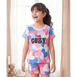 Pine Kids Cotton Knit Half Sleeves T-Shirt & Shorts Night-Suit With Heart & Text Print - Multicolor