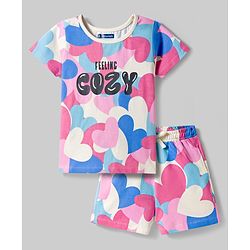 Pine Kids Cotton Knit Half Sleeves T-Shirt & Shorts Night-Suit With Heart & Text Print - Multicolor