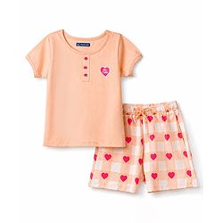 Pine Kids Cotton Knit Half Sleeves  Heart Printed T-Shirt & Shorts Night Suit - Cream